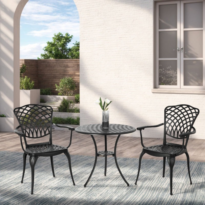 3pcs Patio Bistro Set Cast Aluminum Bistro Table And Chairs Set of 2 with Umbrella Hole All Weather Metal Bistro Table Set Outdoor Patio Furniture Set for Garden Black Quality Assurance