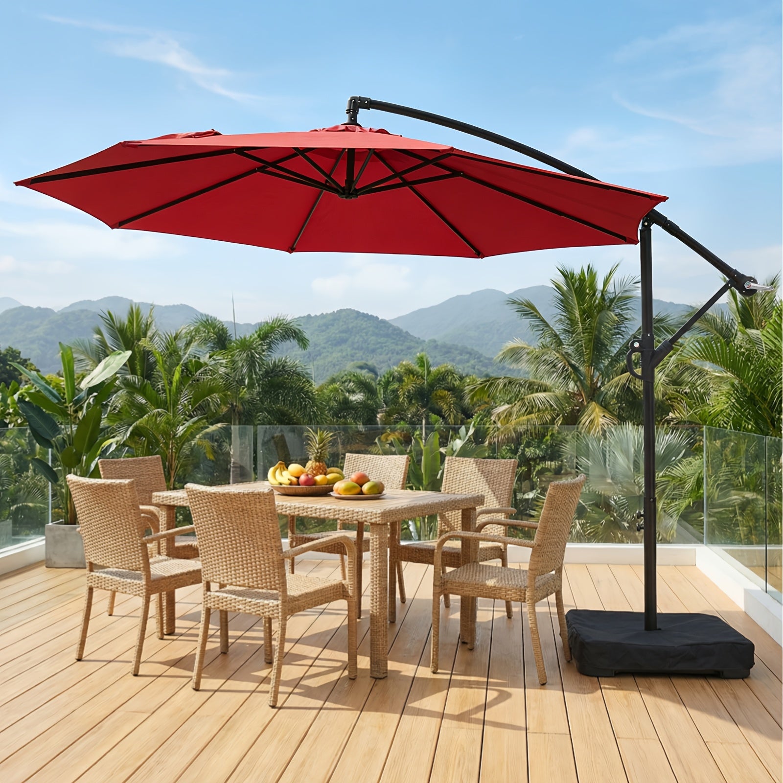 10-Foot Patio Offset Umbrella with Base, Cantilever Hanging Market Umbrella for Outdoor Use, Featuring a Crank And Cross Bases, Suitable for Patio And Outdoor Furniture, Includes Push Button Tilt, Perfect for Christmas And Halloween