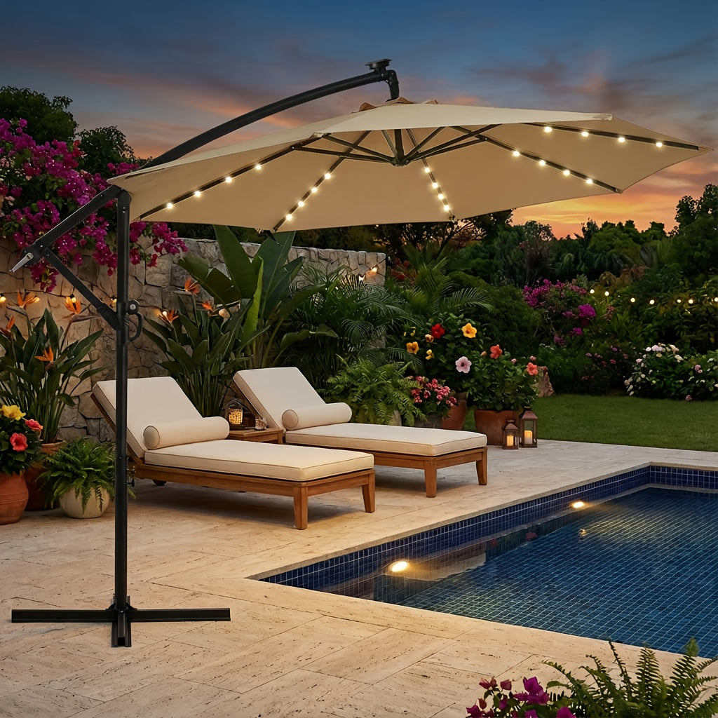 10ft Solar LED Offset Hanging Market Patio Umbrella for Backyard, Poolside, Lawn And Garden W\u002FEasy Tilt Adjustment, Polyester Shade, 8 Ribs